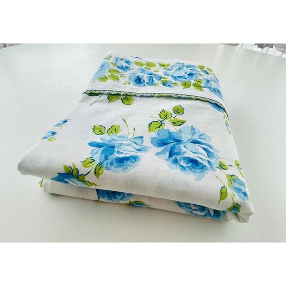 Vintage 70s flat/top sheet, blue roses floral, twin size bed, Wabasso - Picture 8 of 8